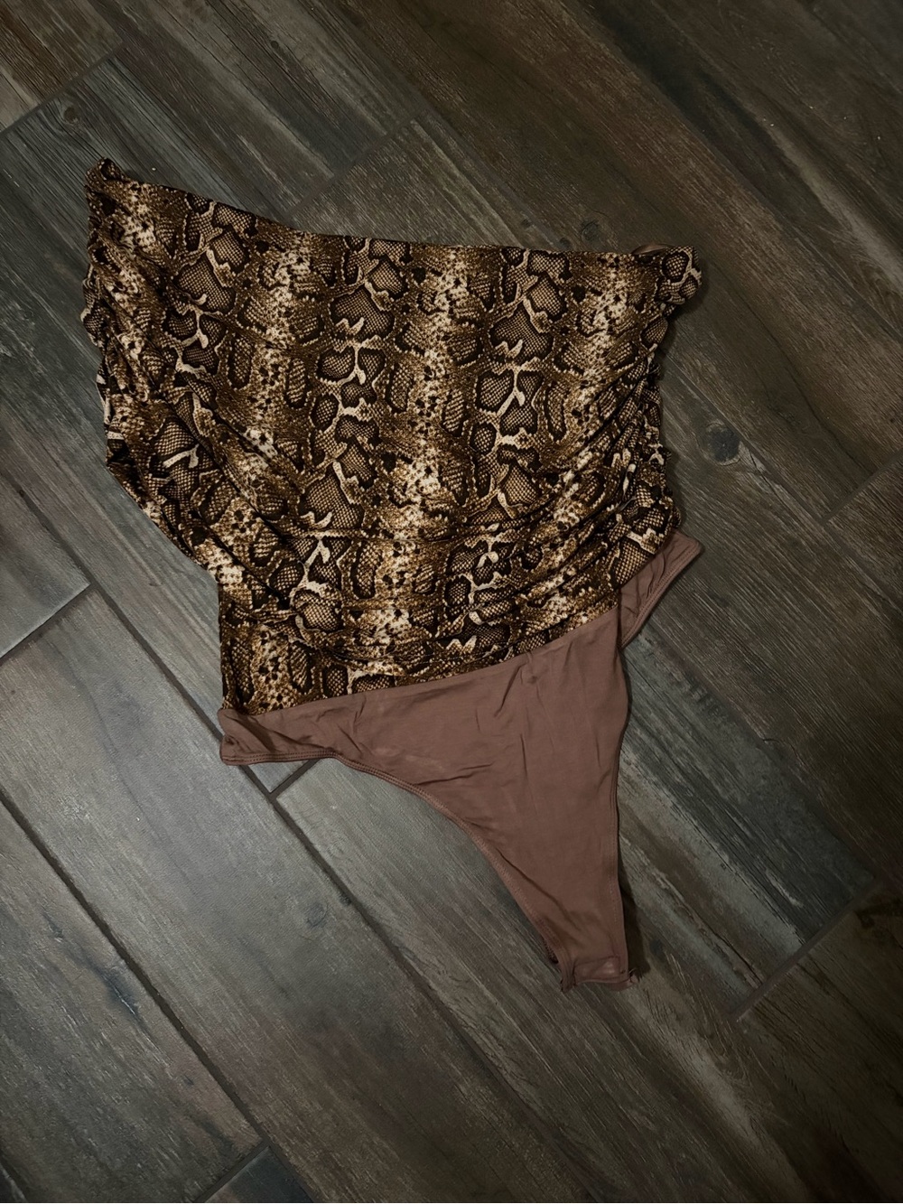 JLUXLABEL Brown Snake-Print Draped Top Bodysuit